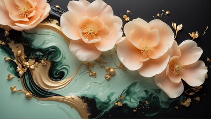 Abstract background using white, peach, gold, green gradient and flowers.	
