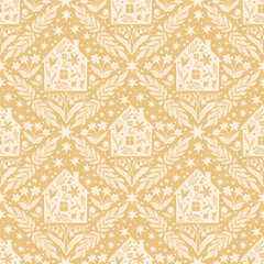 Hand drawn doodle cartoon houses and flower silhouette seamless pattern, cute house seamless texture