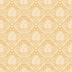 Hand drawn doodle cartoon houses and flower silhouette seamless pattern, cute house seamless texture