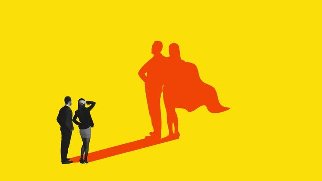 Creative stop motion. Modern animation. Man and woman, employee looking on their superhero shadow symbolizing success. Concept of development, career growth, prediction, motivation, strategy, ad