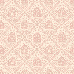 Hand drawn doodle cartoon houses and flower silhouette seamless pattern, cute house seamless texture