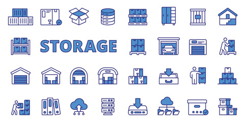 Storage icons in line design blue. Container, warehouse, box, pallet, warehousing, garage, stockroom isolated on white background vector. Storage editable stroke icon.