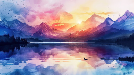 A romantic watercolor picture in which the mountains are framed by delicate sunset light and are r - obrazy, fototapety, plakaty