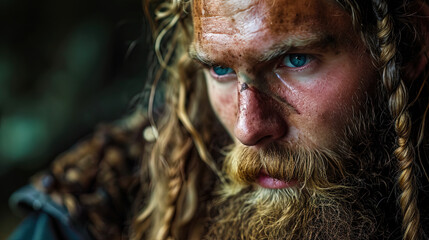 A serious man with long hair and a luxurious beard, creating the impression of Viking