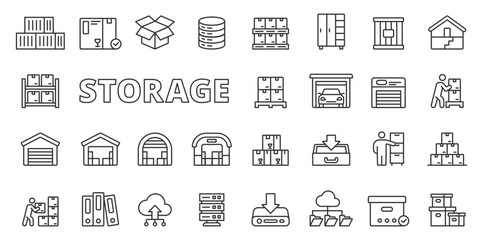 Storage icons in line design. Container, warehouse, box, pallet, warehousing, garage, stockroom isolated on white background vector. Storage editable stroke icon.