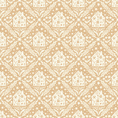 Obraz premium Hand drawn doodle cartoon houses and flower silhouette seamless pattern, cute house seamless texture