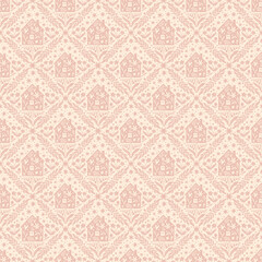 Hand drawn doodle cartoon houses and flower silhouette seamless pattern, cute house seamless texture