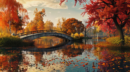 The autumn bridge over the lake, where water reflects colorful shades of foliage - obrazy, fototapety, plakaty
