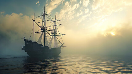 The ship, surrounded by a soft fog above the water, creates a mysterious picture in the open ocean