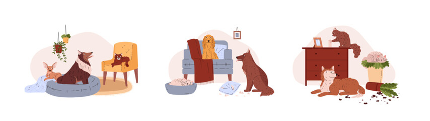 Obraz na płótnie Canvas Pets at home, set of vector cartoon illustration isolated on white