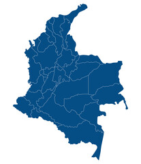 Colombia map. Map of Colombia in administrative provinces in blue color