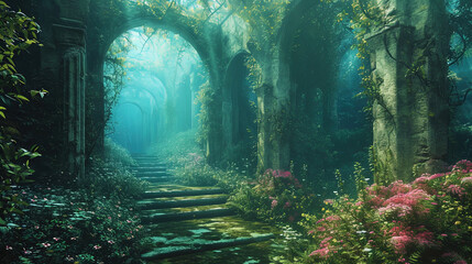 A mystical underwater forest, where aquatic plants create mysterious arches and alleys, like a mag - obrazy, fototapety, plakaty