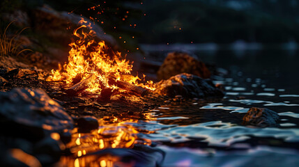 Luxurious bonfires on the shore of the lake are reflected in dark water, creating an amazing night