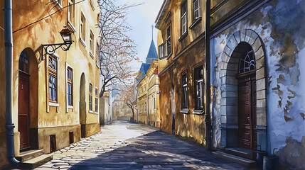 Light and air watercolor depicting a quiet corner of the city with narrow streets and historical b