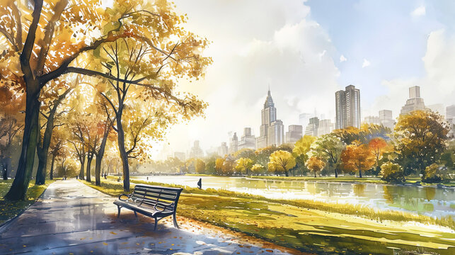 Inspiring watercolor, in which the city landscape is combined with nature in the form of parks and