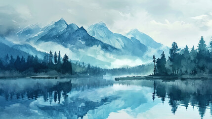 The watercolor landscape, where the mountains are immersed in azure shades, reflected in a cloudle - obrazy, fototapety, plakaty