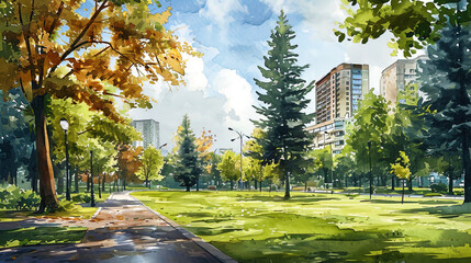 The watercolor picture of the city park with tall trees, green lawns and facades of buildings in t
