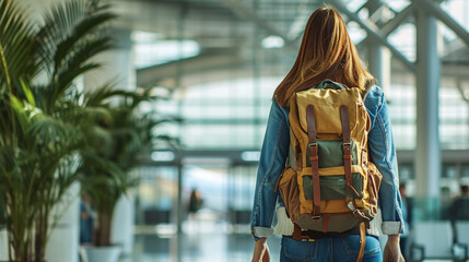 tourist woman wearing a tourist backpack on his back, was at the airport. AI Generative