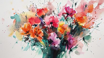 watercolor style illustration of vintage flower bouquet blossom background wallpaper, color splash and wet in wet technique texture, Generative Ai
