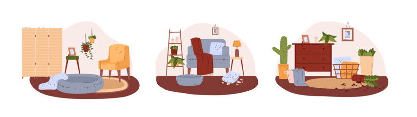 Dirty and messy room interiors collection, flat vector illustration isolated.
