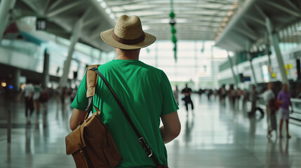 Full Body of A man wearing a green t-shirt, hat, and rassel on his back, was at the airport with copy space on left. AI Generative