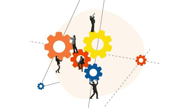 Creative stop motion. Modern animation. Employees connecting gears symbolizing teamwork. working on new profitable project. Concept of employment, cooperation, organization, career, success and ad