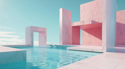 Pool, minimal architecture, surreal, pink stone
