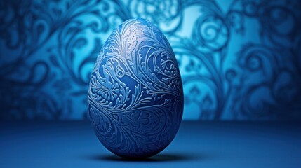  a blue egg sitting in front of a blue wall with a pattern on it's side and a blue background behind it.