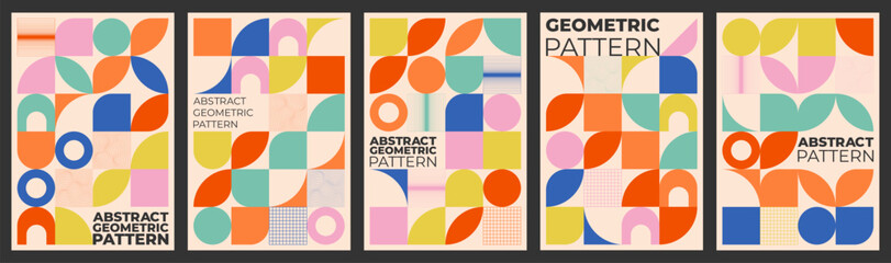 Geometric isolated posters set in retro bauhaus style. Vertical rectangle layout design. Flat vector template on black background.