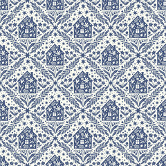 Hand drawn doodle cartoon houses and flower silhouette seamless pattern, cute house seamless texture