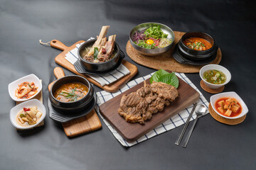Galbitang, raw beef bibimbap, beef brisket soybean paste stew, raw pork kimchi stew, pork ribs, galbi, kimchi stew