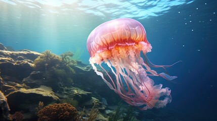  a jellyfish swims in the water near the rocks and corals on the bottom of the ocean floor.