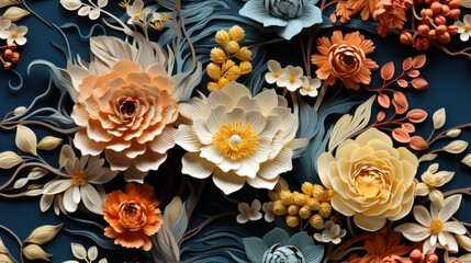 a close up of a bunch of paper flowers on a blue background with orange, yellow, and white flowers.