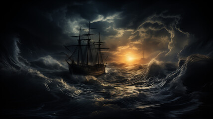 Ship lost at sea sailing during a scary storm and stormy waters - obrazy, fototapety, plakaty
