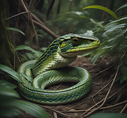Fototapeta premium Black snake with white ring in the dark, mangrove snake, Agressive snake face close up. A python rests in the coils of a tree, its serpentine grace and mesmerizing patterns captivating generative Ai
