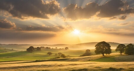 The golden hour casting a warm, ethereal light over rolling countryside landscapes, with the sun's rays filtering through fluffy clouds - Generative AI