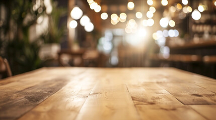 empty wooden table top and blur of room on a blur bright cafe decoration background. AI Generative