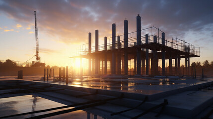 Modern steel and concrete house construction site no people cinematic