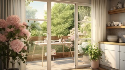 Fototapeta premium a vase of flowers sitting on a table next to a sliding glass door that leads to a patio with a table and chairs.