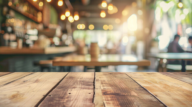 empty wooden table top and blur of room on a blur bright cafe decoration background. AI Generative