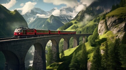  a red train traveling over a bridge over a lush green mountain filled with trees and a mountain range in the background. - obrazy, fototapety, plakaty