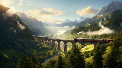  a painting of a train going over a bridge over a river in a valley with trees and mountains in the background. - obrazy, fototapety, plakaty