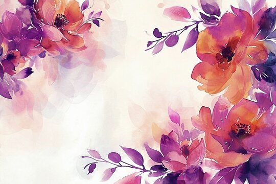 Watercolor frame with different violet and magenta flowers plants and flowers. Illustration for design, space for text. Invitation, template