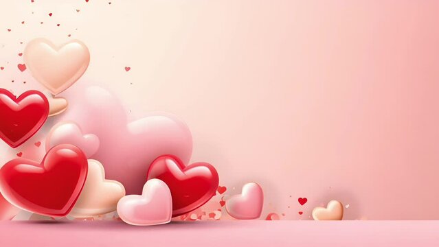  Valentine's Day background Volumetric red, pink and gold hearts moving on a pink background form a place for text. Valentine's Day background concept with copy space.