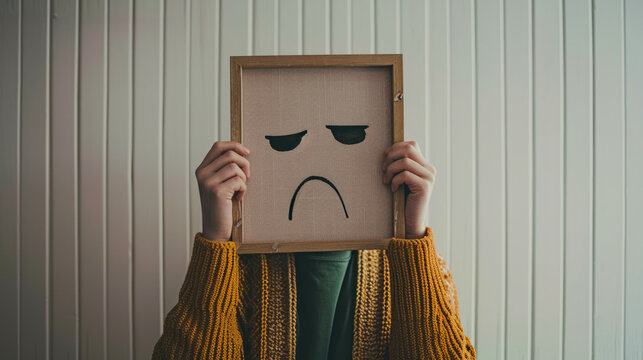 Person holding up a picture frame in front of their face, which contains a simple drawing of a sad face on a fabric background.