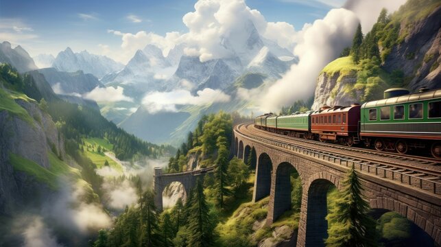  a painting of a train going over a bridge in a mountainous area with a mountain range in the background and clouds in the sky.