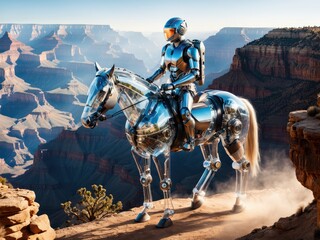 Naklejka premium A man riding a horse, portrait of a futuristic robot