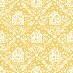 Hand drawn doodle cartoon houses and flower silhouette seamless pattern, cute house seamless texture