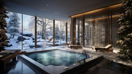  a large hot tub in a room with a view of the snow covered trees outside of the glass doored window.