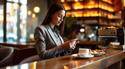 Young woman in a business suit using a smartphone at a cafe table with a laptop - obrazy, fototapety, plakaty